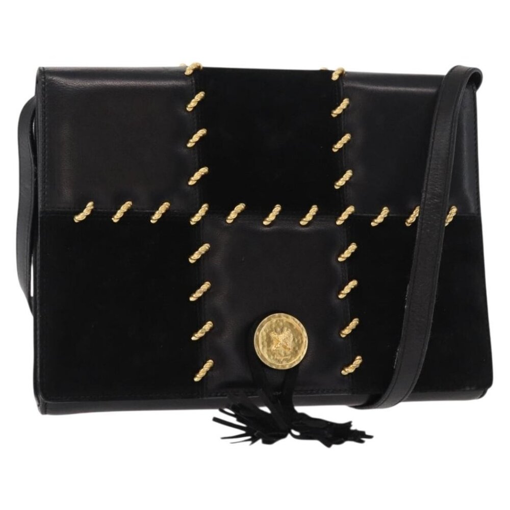 Authentic Salvatore Ferragamo Shoulder Bag Leather Black Gold